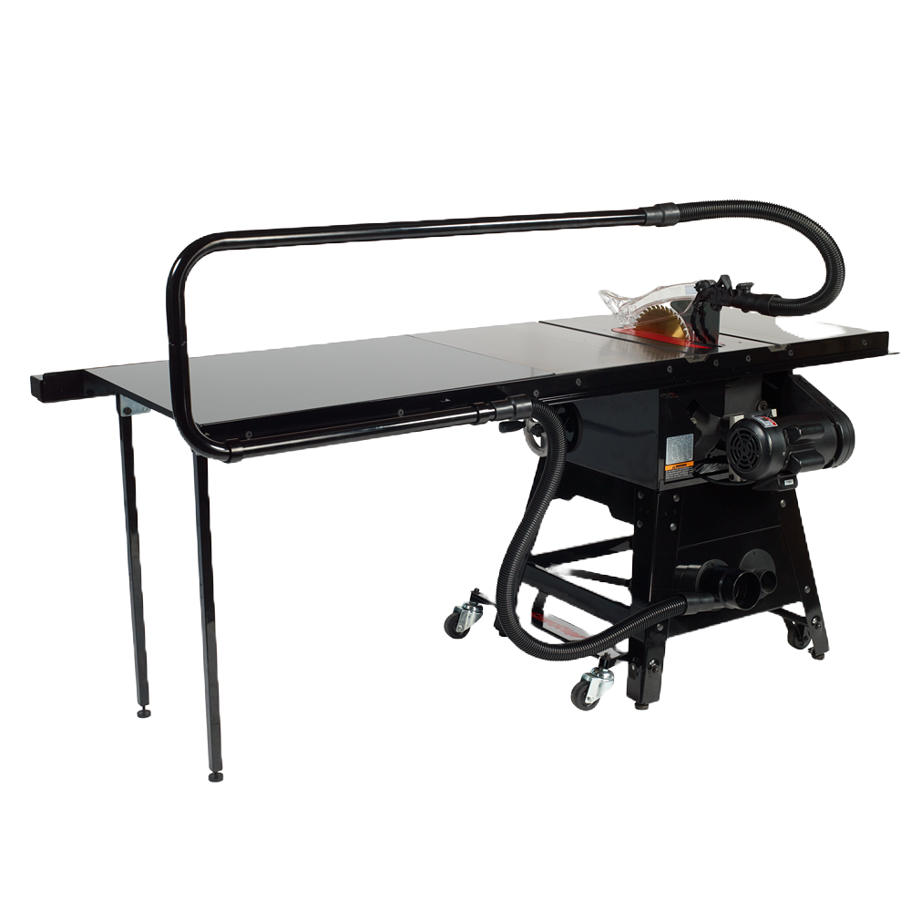 Black contractor saw base with mounted 10-inch blade and extended metal support bars in woodworking power tools collection