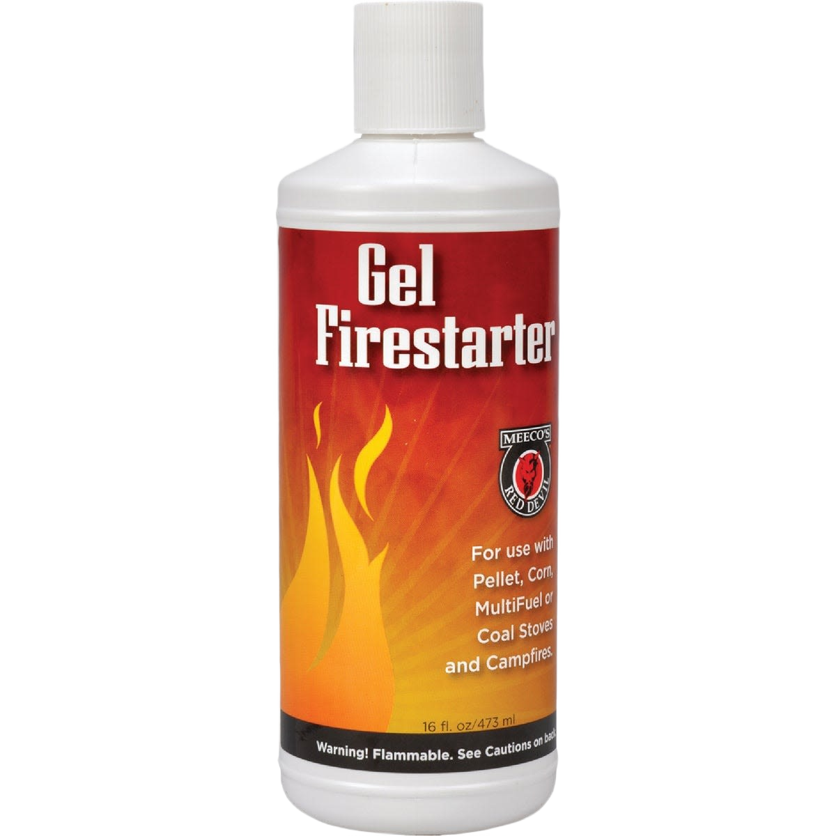 White plastic bottle of Meeco's Red Devil fire starter gel with red and yellow flame graphics for home improvement tools