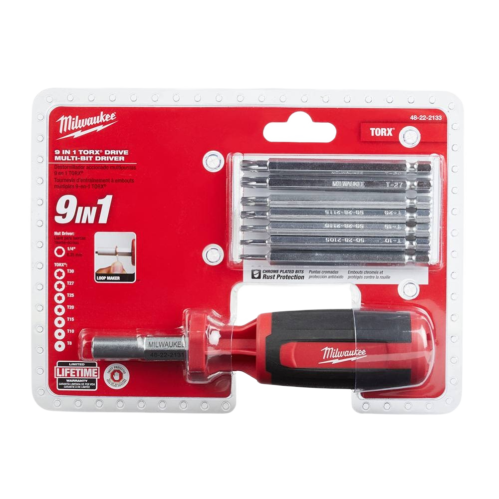 Milwaukee 9-in-1 multi-bit driver with set of chrome-plated TORX keys for home improvement projects and tools use