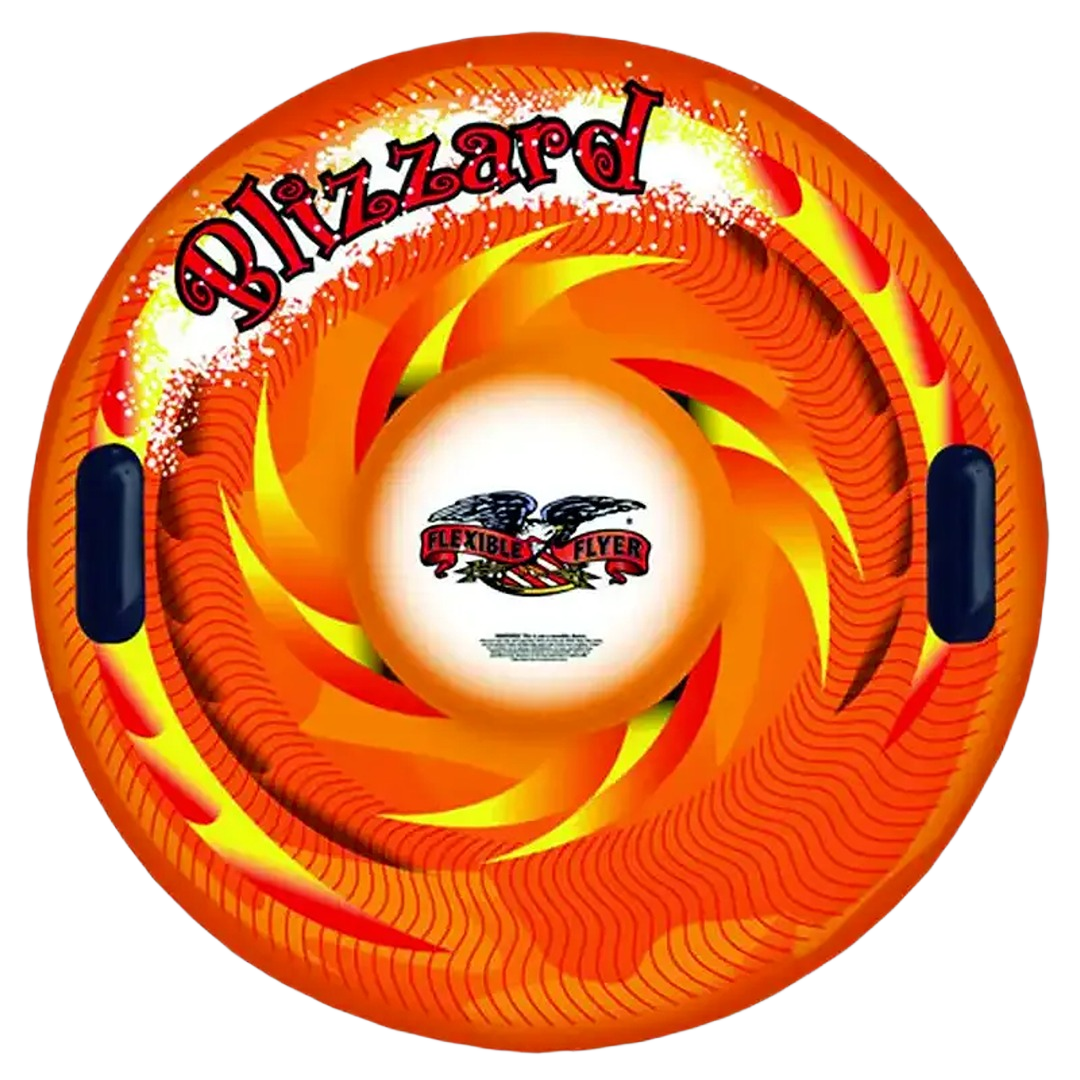 Orange snow tube with flame pattern, oversized handles, and Blizzard text for ride-on fun in Toys & Games collection
