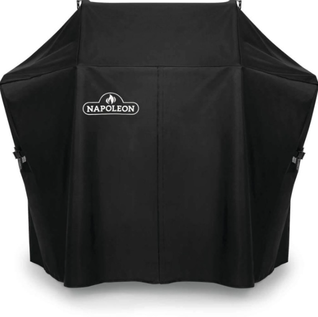 Black grill cover with Napoleon logo, made from durable, water-resistant fabric, designed for outdoor living and grilling accessories protection.