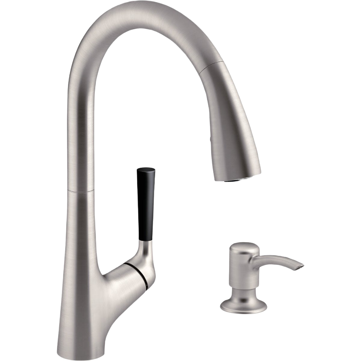 Stainless steel pull-down kitchen faucet with black handle and matching soap dispenser for home improvement kitchens