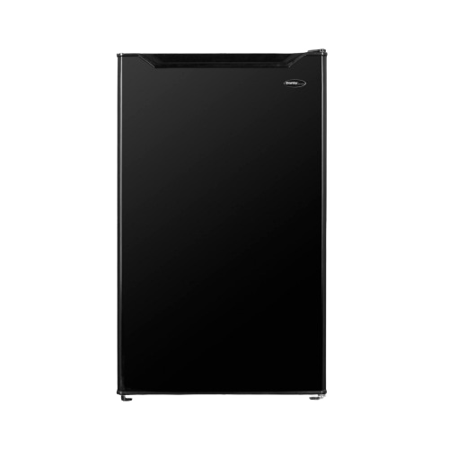Black compact refrigerator with full width freezer section, suitable for kitchens and appliances collections.