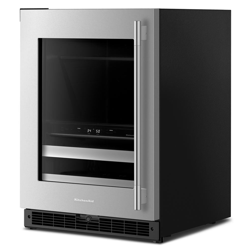 Undercounter stainless steel beverage center with glass door, metal-front racks, and digital temperature control in kitchen appliances collection