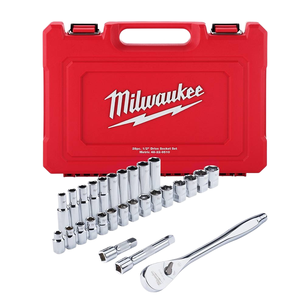 Red hard plastic case with a set of chrome sockets and a polished ratchet for hand tools and home improvement tasks