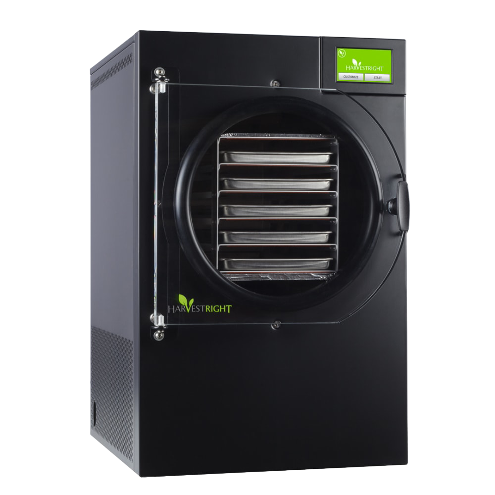Black home freeze dryer with clear door and multiple stainless steel trays in small kitchen appliances collection