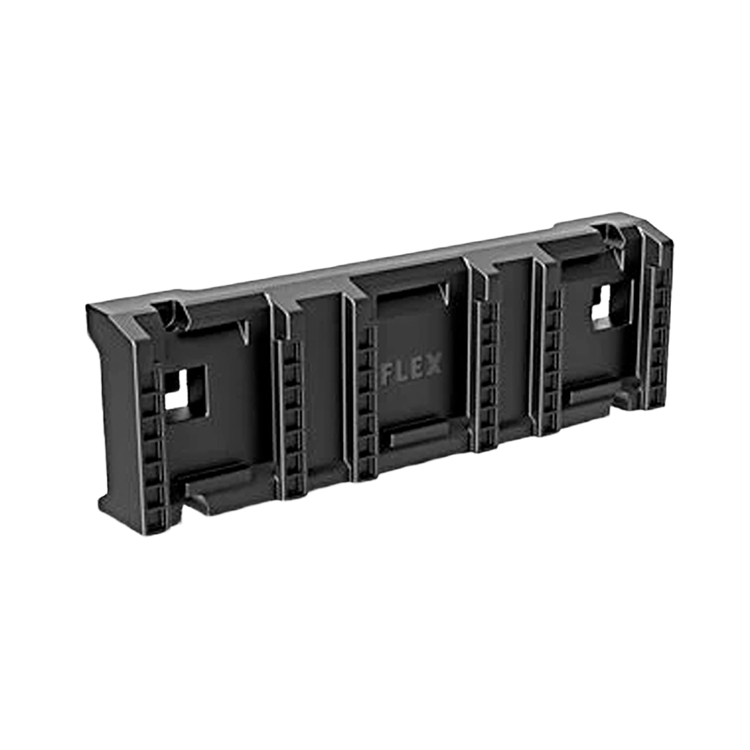 Black plastic battery holder with multiple slots for flexible mounting in workshop and tool storage organization