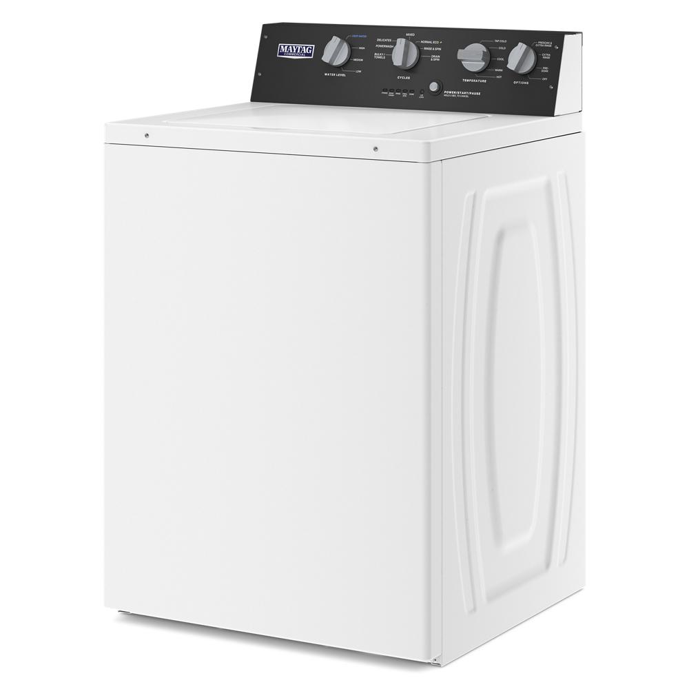 White commercial-grade agitator washer with control panel and reinforced steel side panels in washers and appliances collection