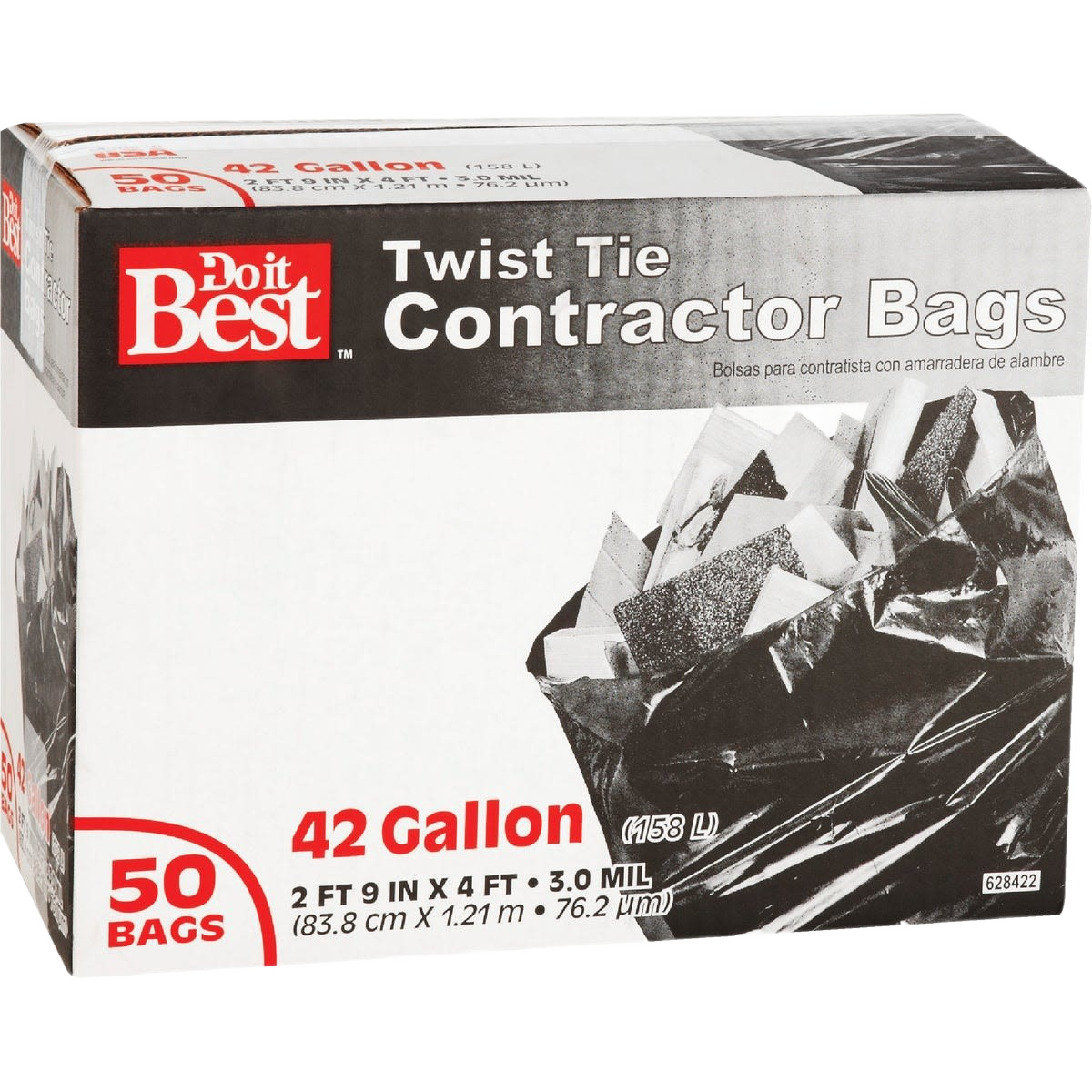 Box of black 42 gallon contractor trash bags with twist tie closure for tools and home improvement use