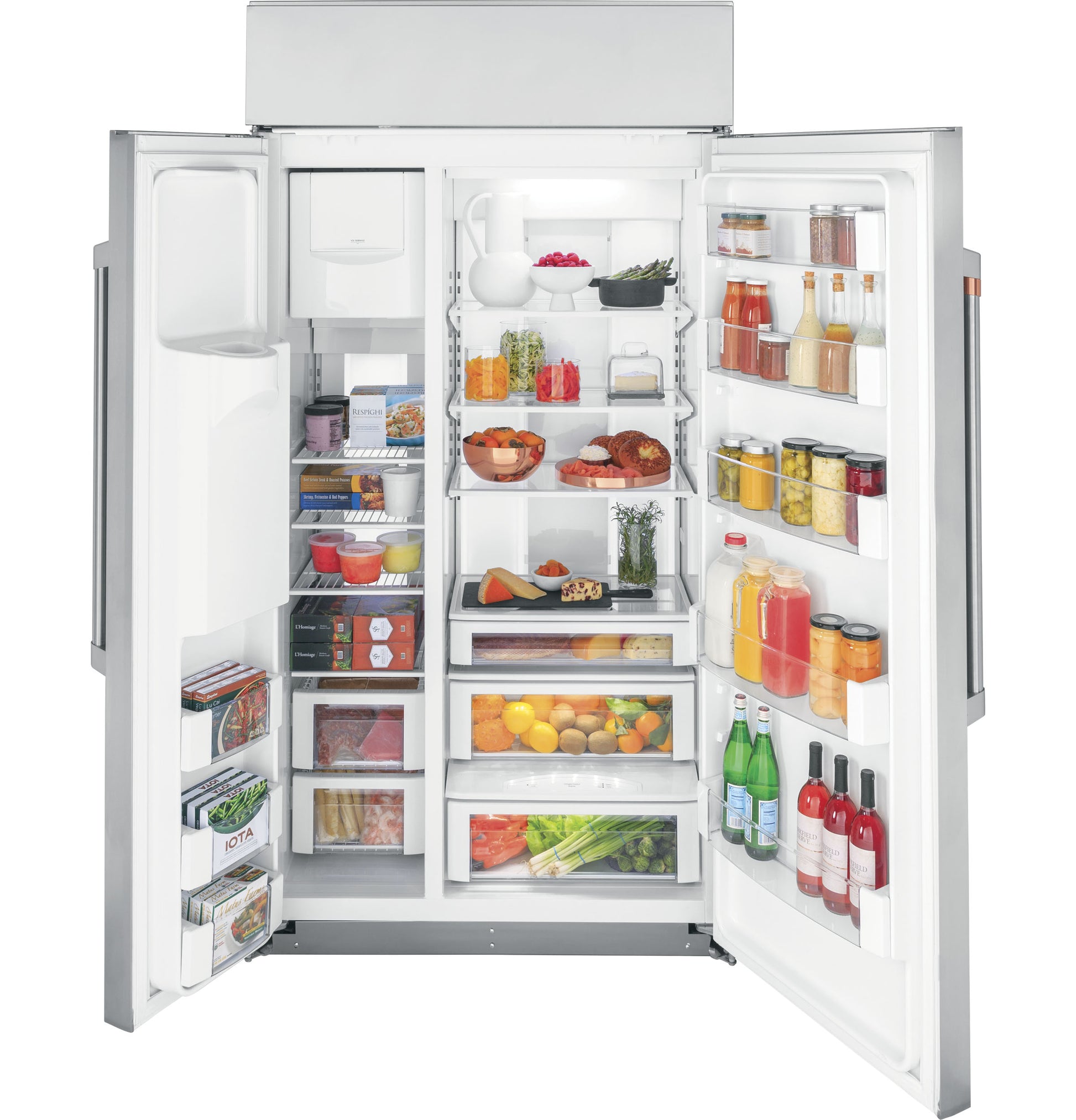 Open stainless steel side-by-side refrigerator showing organized shelves with fresh food and beverages from appliances collection