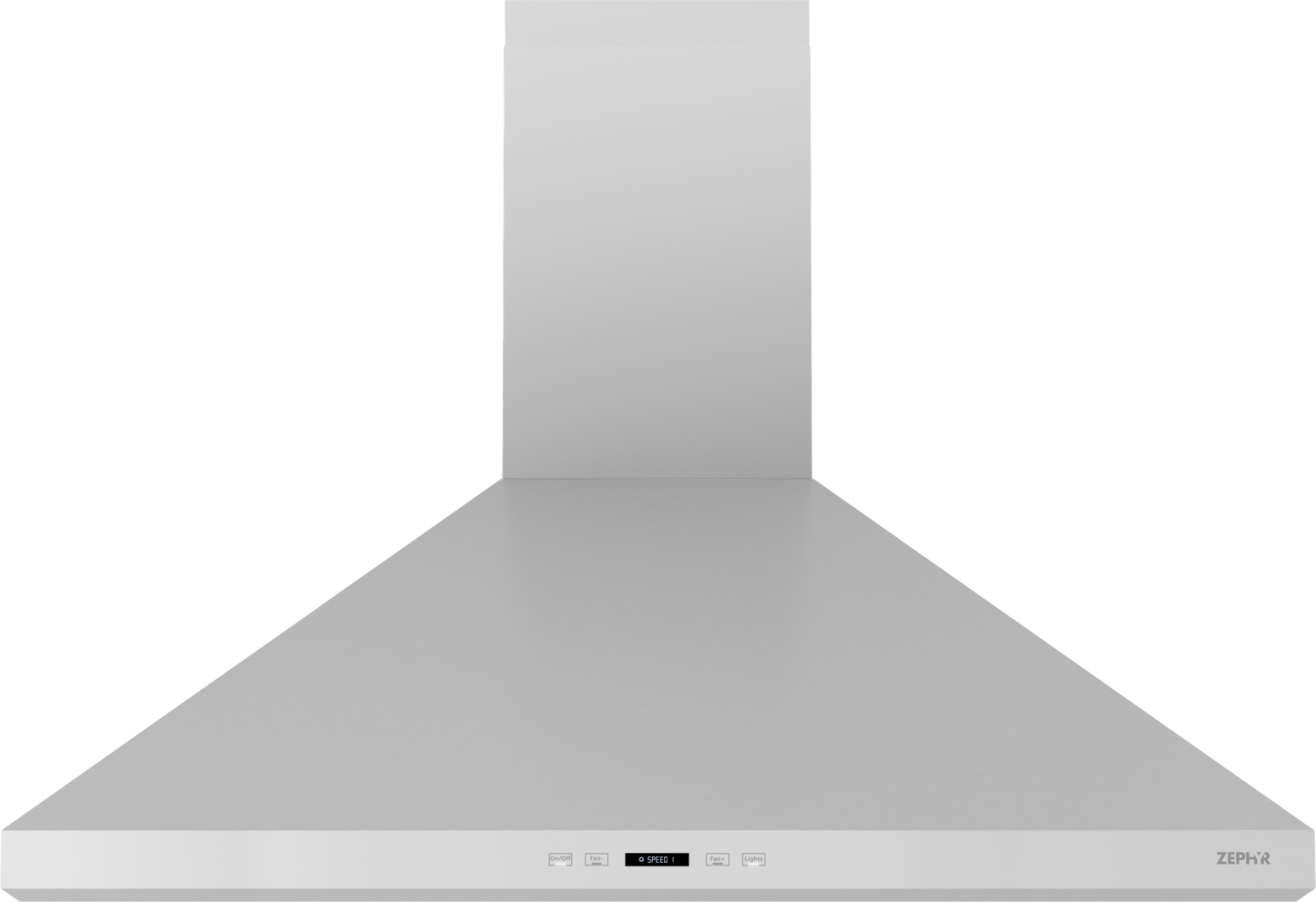 Stainless steel wall-mounted range hood with LED lighting and airflow control in kitchen appliances collection