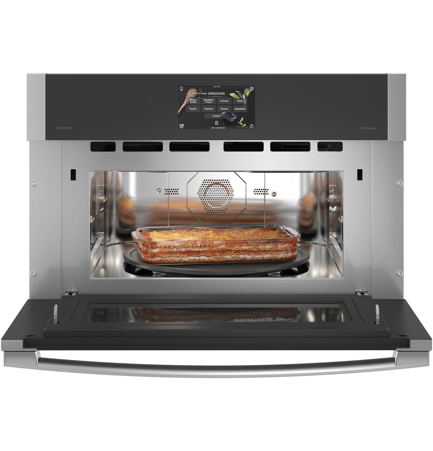 Wall oven with open door featuring digital touchscreen and casserole baking inside from Single Wall Ovens collection