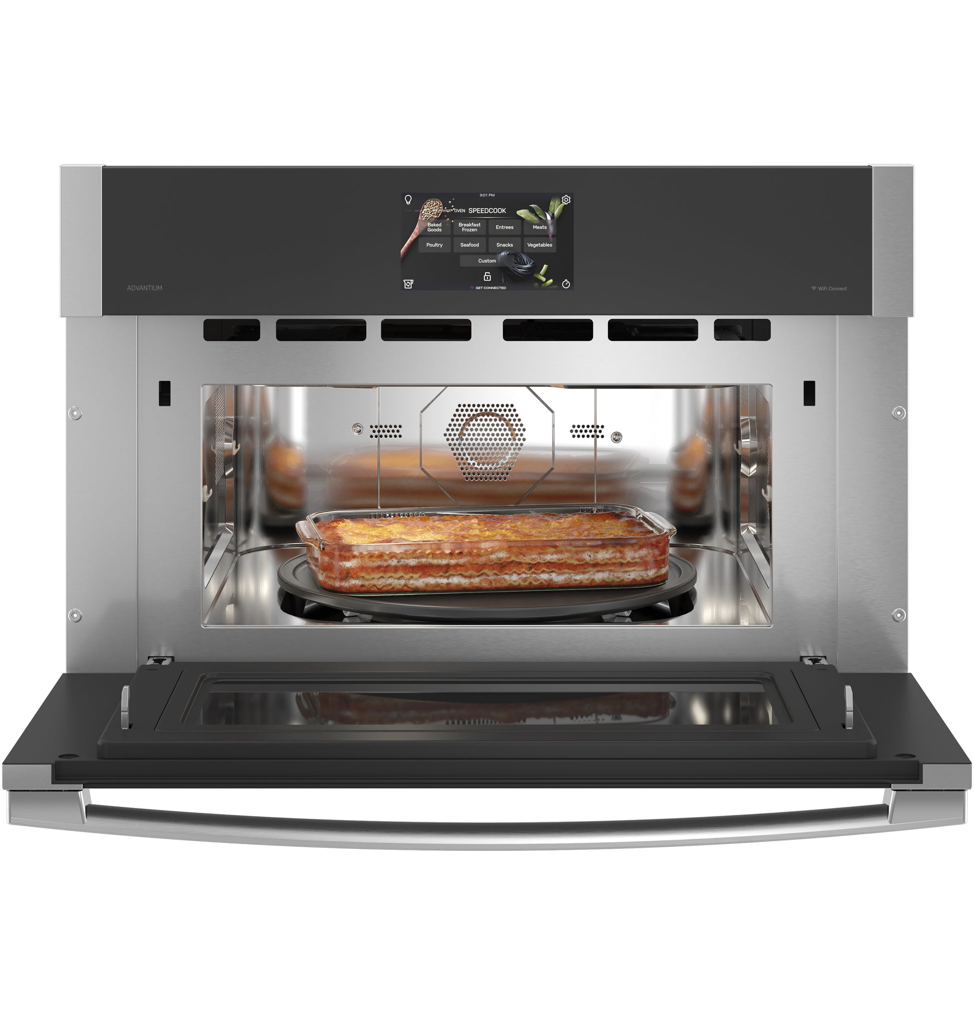 Wall oven with open door featuring digital touchscreen and casserole baking inside from Single Wall Ovens collection