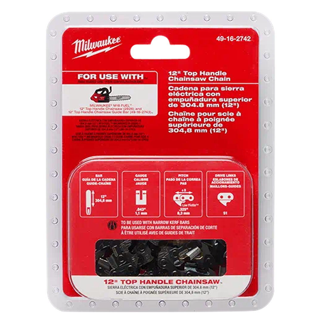 Red Milwaukee packaging containing a 12-inch top handle chainsaw chain for home improvement tools and maintenance tasks