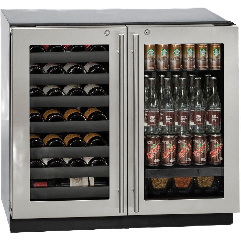 36-inch stainless steel beverage center with French doors storing wine bottles and assorted canned drinks in kitchen appliances collection