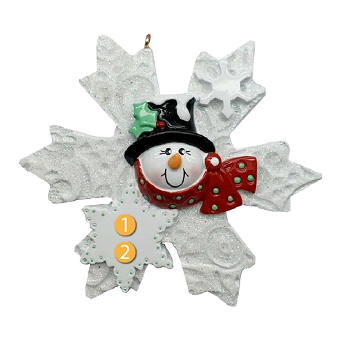 White snowflake ornament featuring smiling snowman face with top hat and red scarf in Christmas decorations under $50 collection