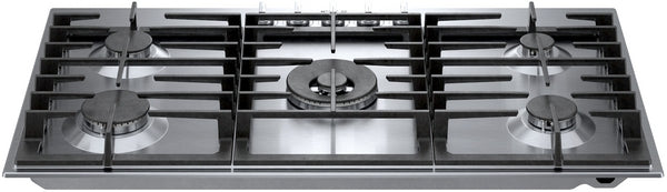 36-inch stainless steel gas cooktop with five burners and continuous cast iron grates for kitchen use
