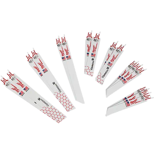 Set of metal cutting SAWZALL® blades in varying lengths with red and white design for tools and home improvement use