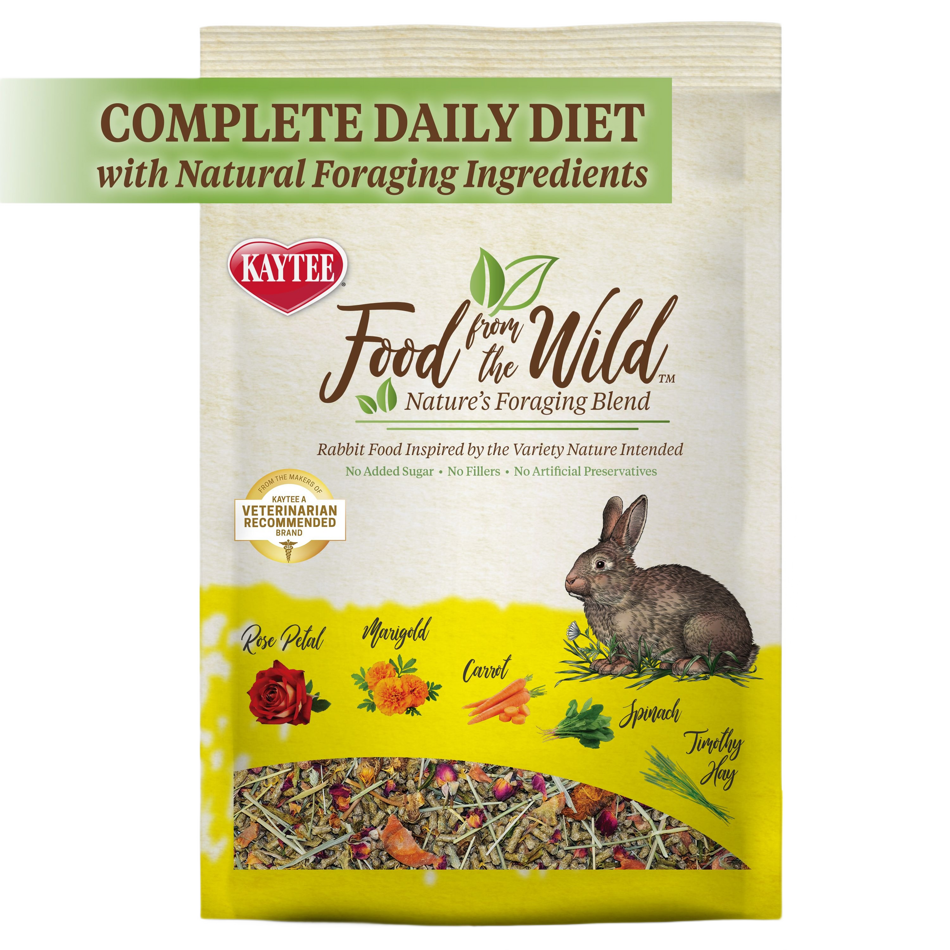 Packaging of Kaytee Food From the Wild rabbit food featuring natural foraging ingredients like rose petal and carrot