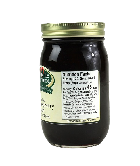 Back view of Hartville Kitchen seedless red raspberry jam jar showing nutrition facts label in jams and jellies collection