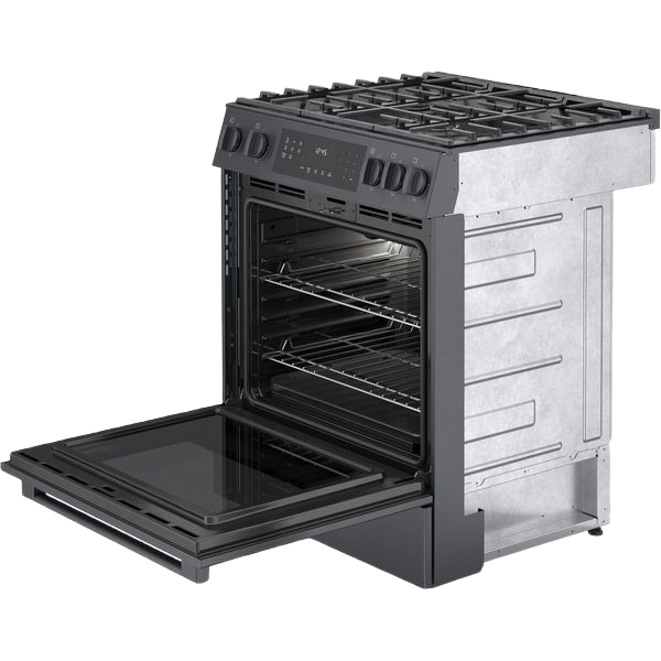 black stainless steel gas slide-in range with six burners and open oven door showing interior racks