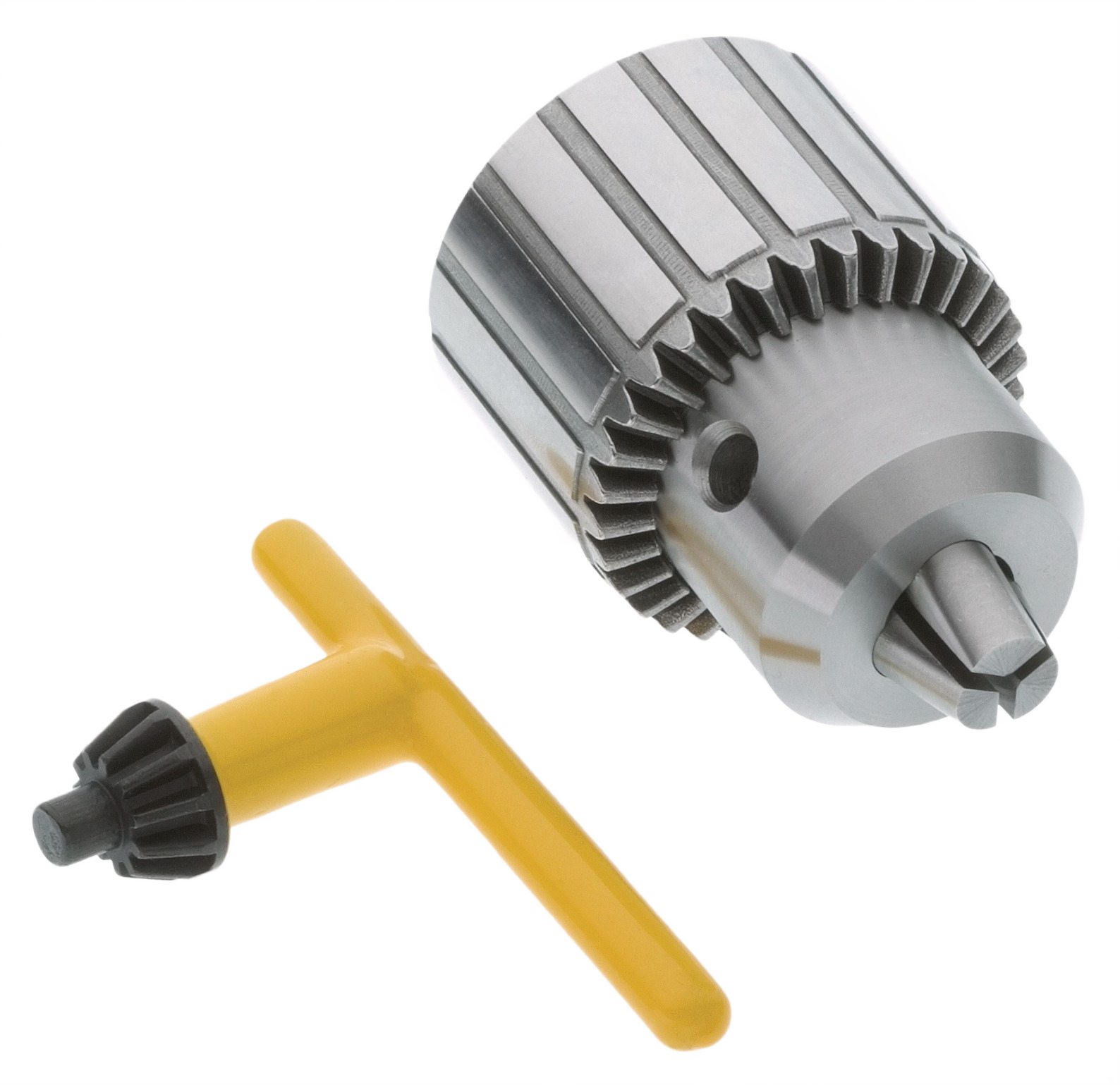 Metal keyed drill chuck with yellow T-handle key for tightening drill bits in power tool and home improvement collections