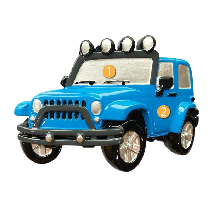 Blue personalized Jeep ornament with roof lights and detailed grille from Christmas decorations under $50 collection