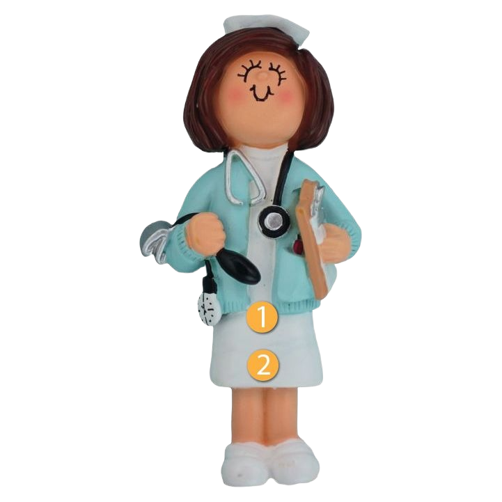 Brunette female nurse figurine ornament with stethoscope and clipboard for Christmas tree decorations under $50 collection