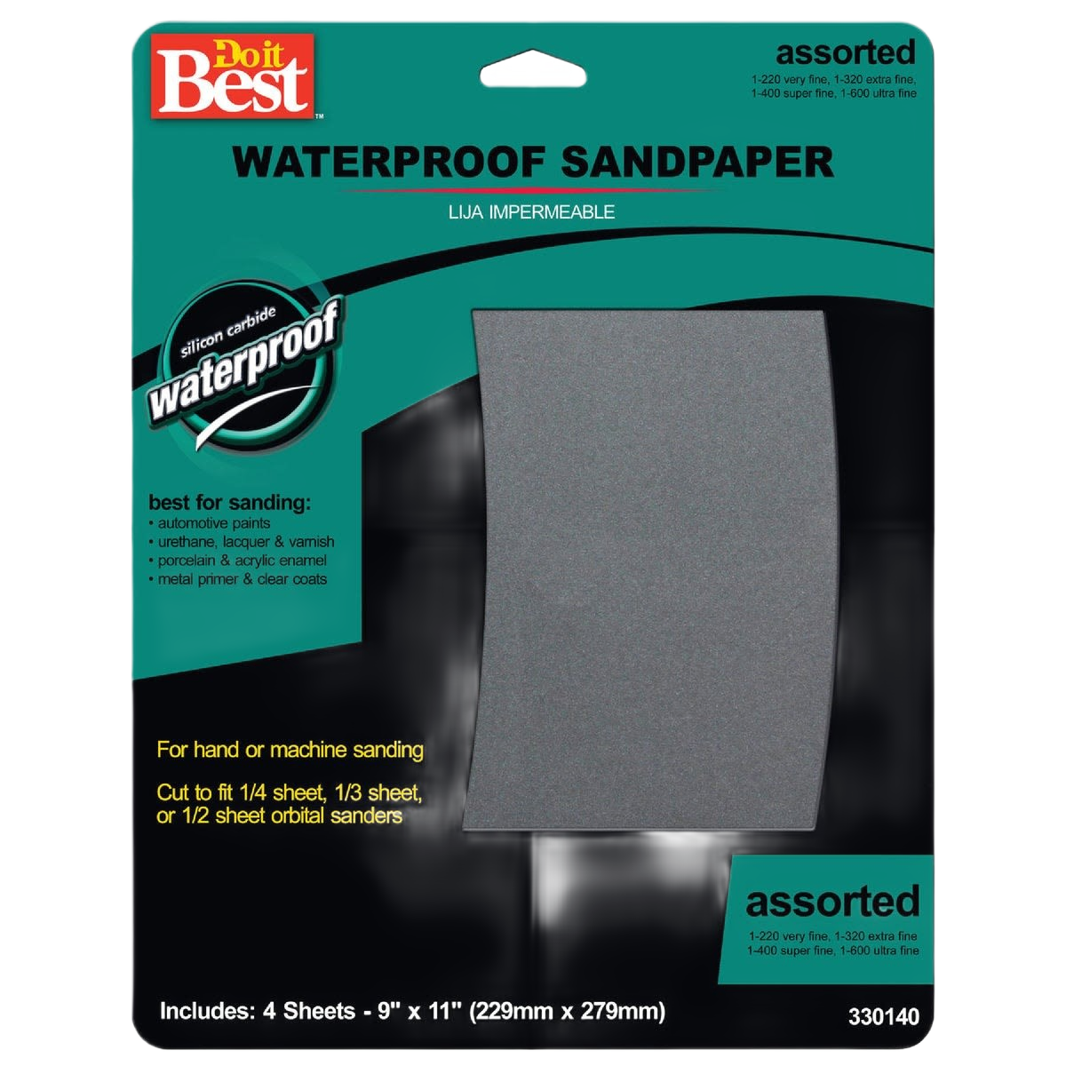 Pack of four assorted fine grit waterproof sandpaper sheets for hand and machine sanding in home improvement projects
