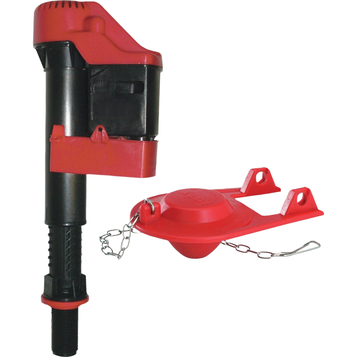 Red and black toilet fill valve with matching flapper and chain for home improvement plumbing repairs