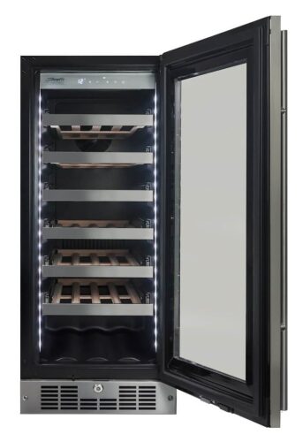 Sleek stainless steel wine cooler with tempered glass door and smooth wooden shelves in Refrigerators collection