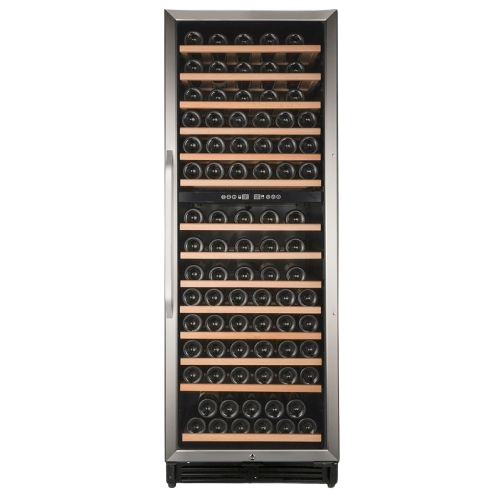 Tall dual-zone wine cooler with stainless steel frame, wooden racks, and digital controls from Refrigerators collection