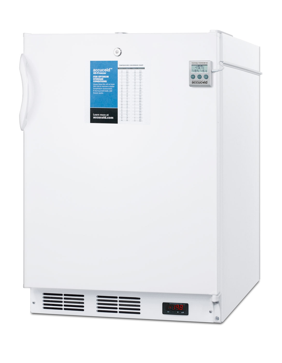 White built-in all-freezer with digital thermostat and lock, designed for ADA compliant kitchen and home appliances.
