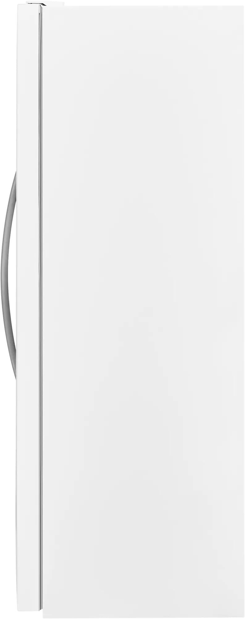 White upright freezer with curved handle designed for garage use in home improvement and appliance collections