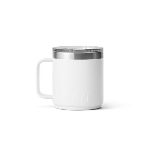 White insulated stackable mug with stainless steel rim and clear Magslider lid from durable drinkware collections under $50