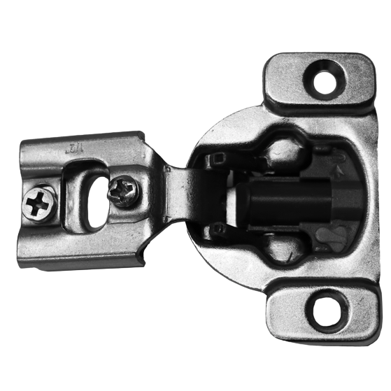 Close-up of metal soft-close cabinet hinge with adjustable mounting for face frame doors in hardware collection
