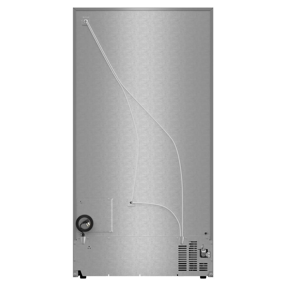 Rear view of stainless steel side-by-side refrigerator showing condenser and wiring in appliances collection