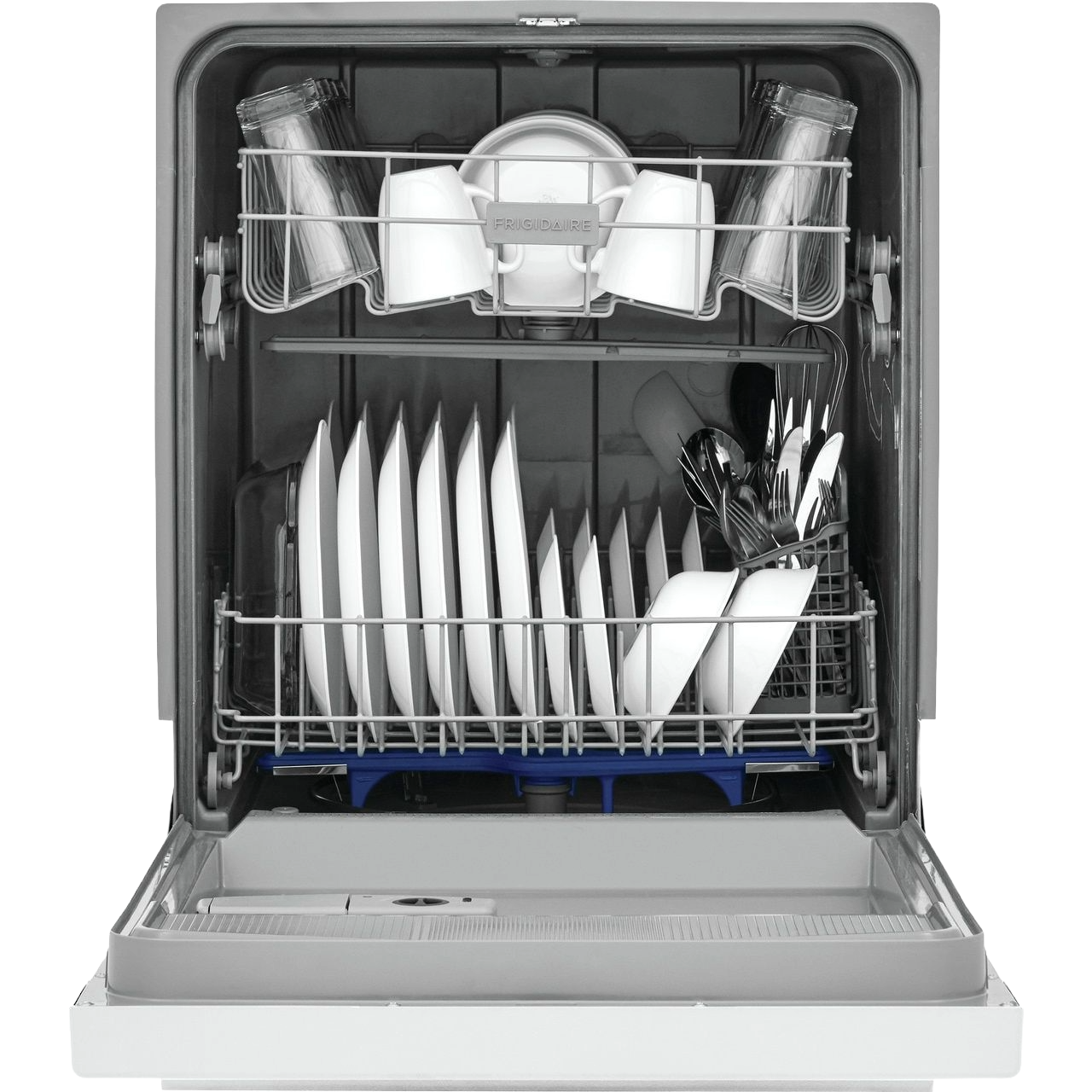 Open dishwasher with white dishes, glasses, and silverware inside for kitchen and home improvement use