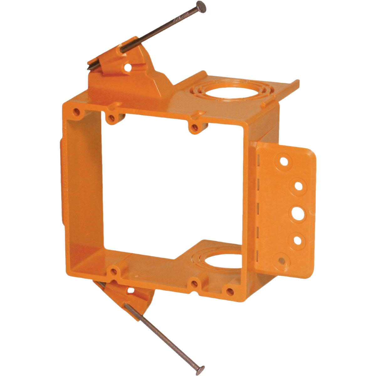 Orange plastic 2-gang low voltage electrical box bracket with mounting screws for home improvement use