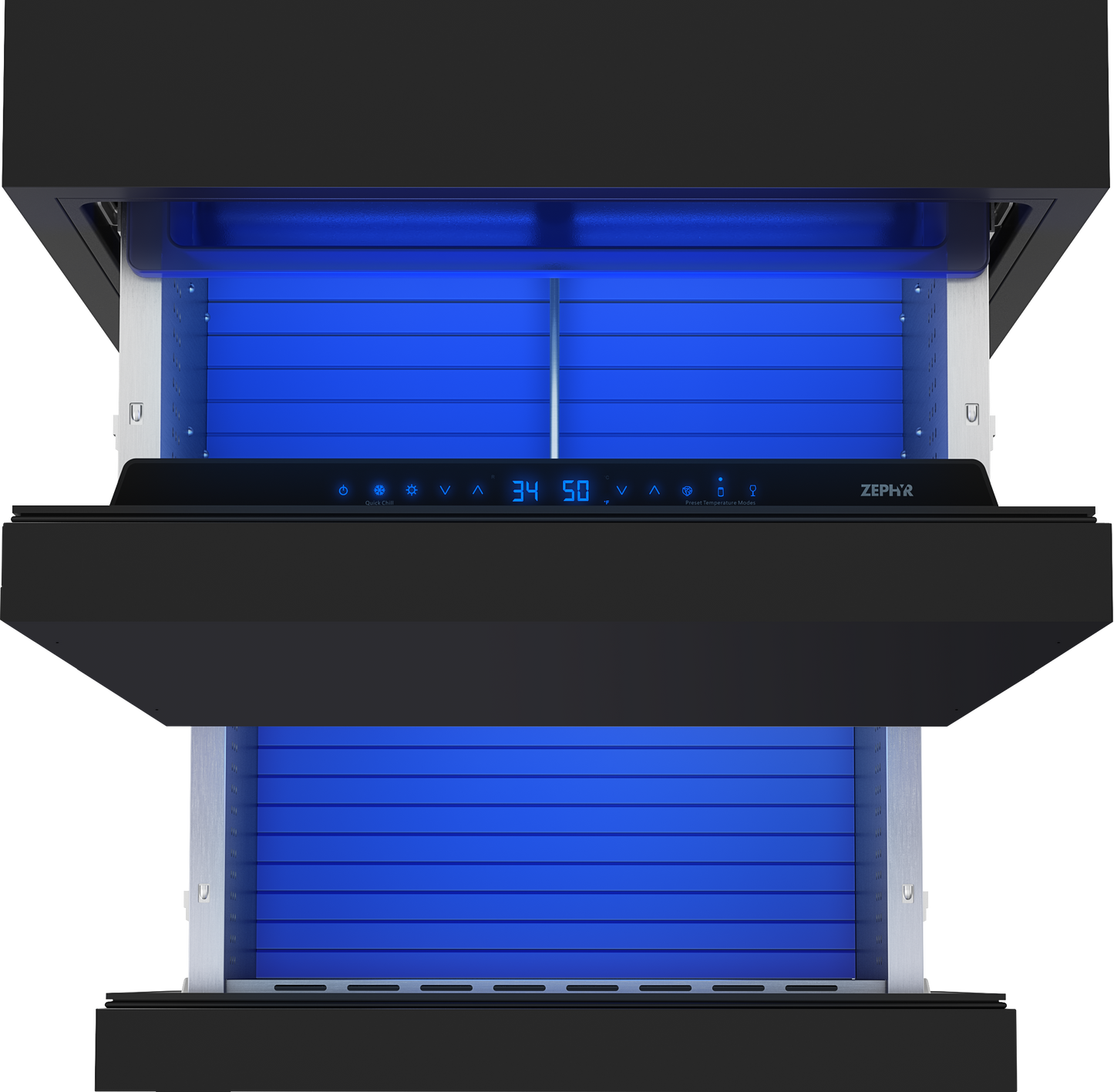 Under-counter panel ready refrigerator drawers with digital control panel and blue interior lighting from kitchen appliances collection