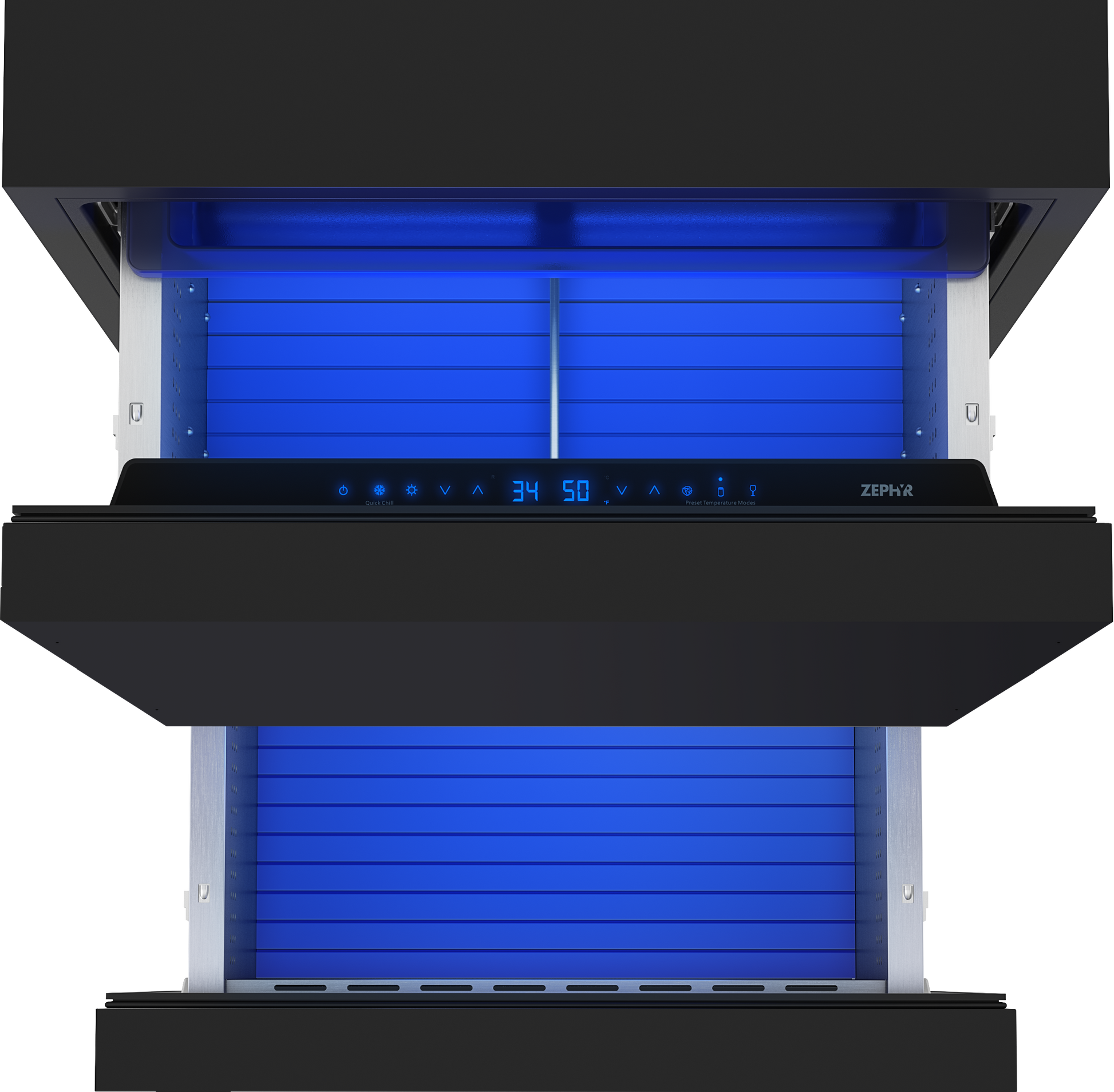 Under-counter panel ready refrigerator drawers with digital control panel and blue interior lighting from kitchen appliances collection