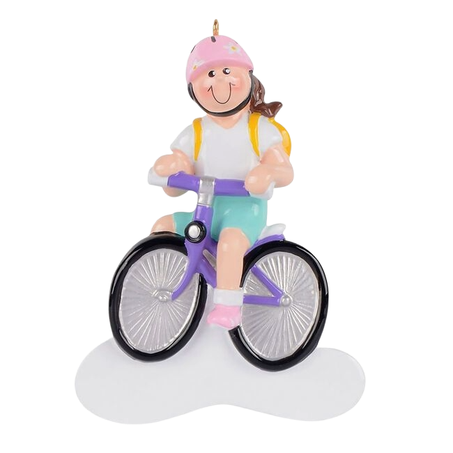 Brunette girl wearing pink helmet riding a purple bike Christmas ornament under $50 holiday décor