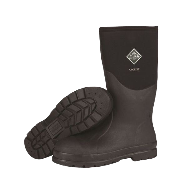 Pair of black steel toe work boots with rugged tread soles designed for heavy-duty chores and home improvement tasks