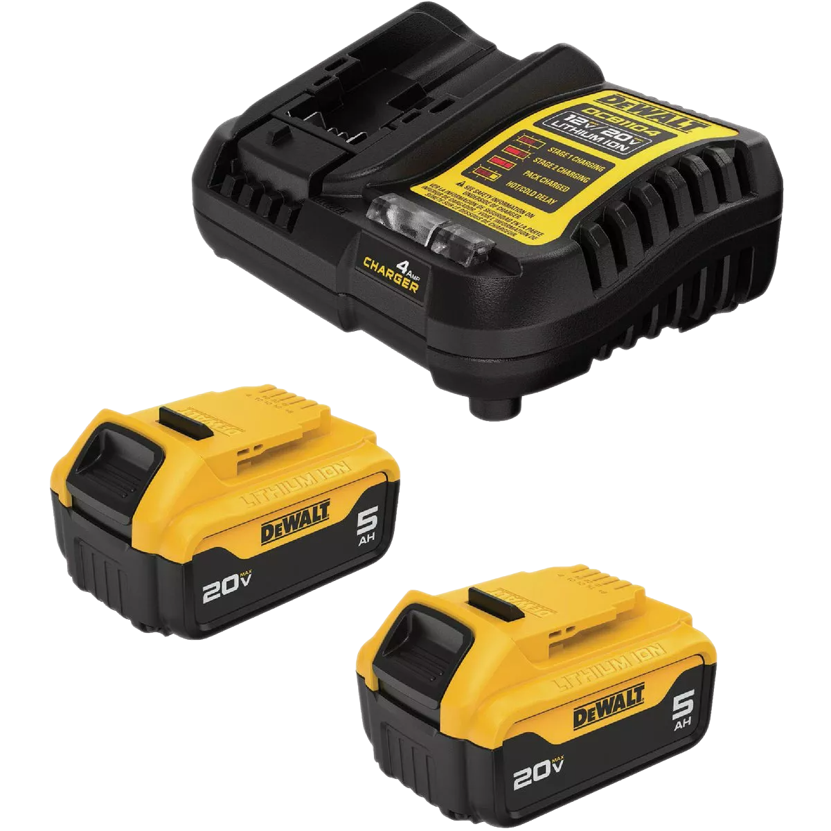 Black and yellow lithium-ion battery charger with two 20V 5.0 Ah rechargeable battery packs, ideal for power tool accessories and woodworking tools.