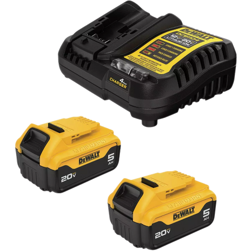 Black and yellow lithium-ion battery charger with two 20V 5.0 Ah rechargeable battery packs, ideal for power tool accessories and woodworking tools.