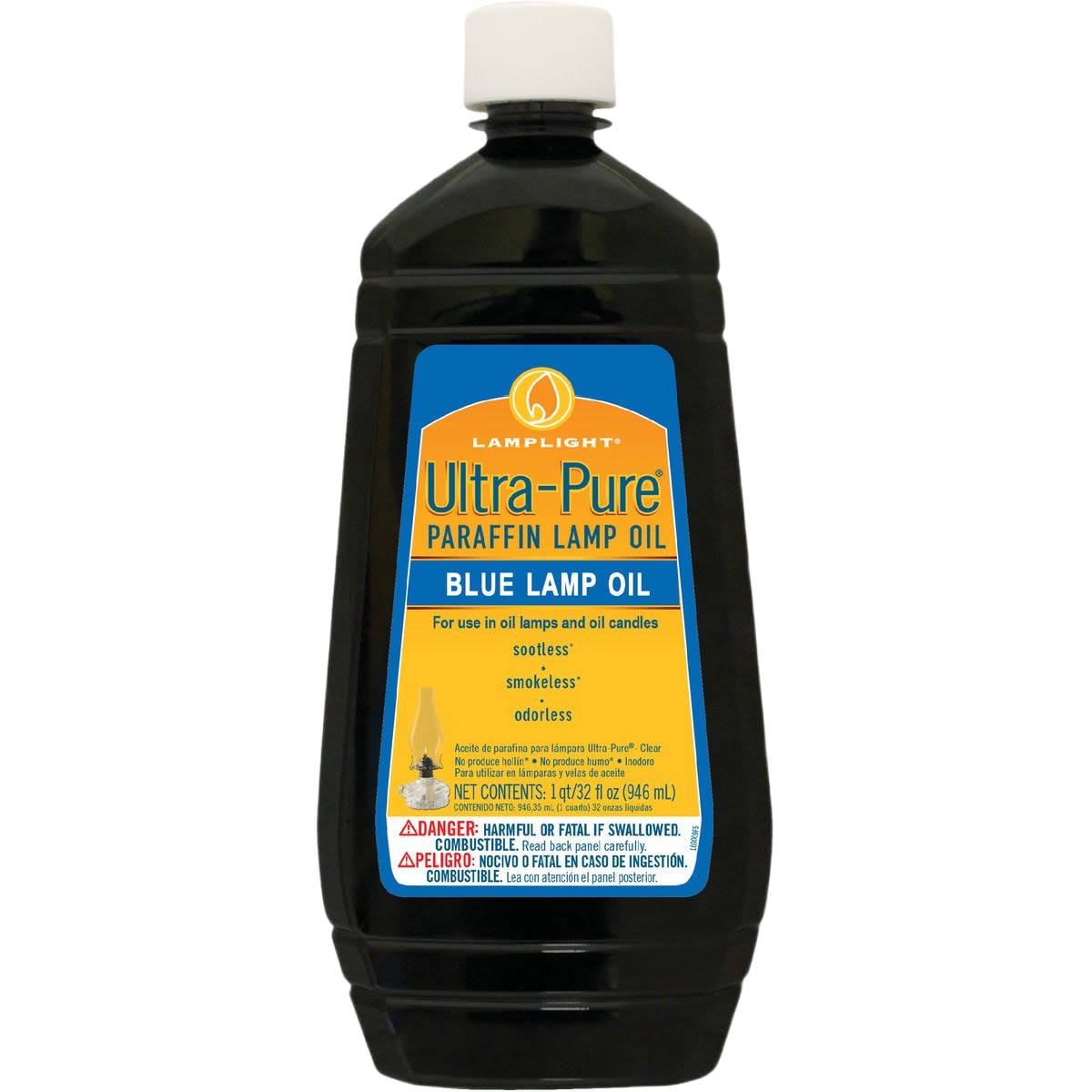 32 oz bottle of blue ultra-pure lamp oil for clean, sootless lighting in home decor and lighting collections