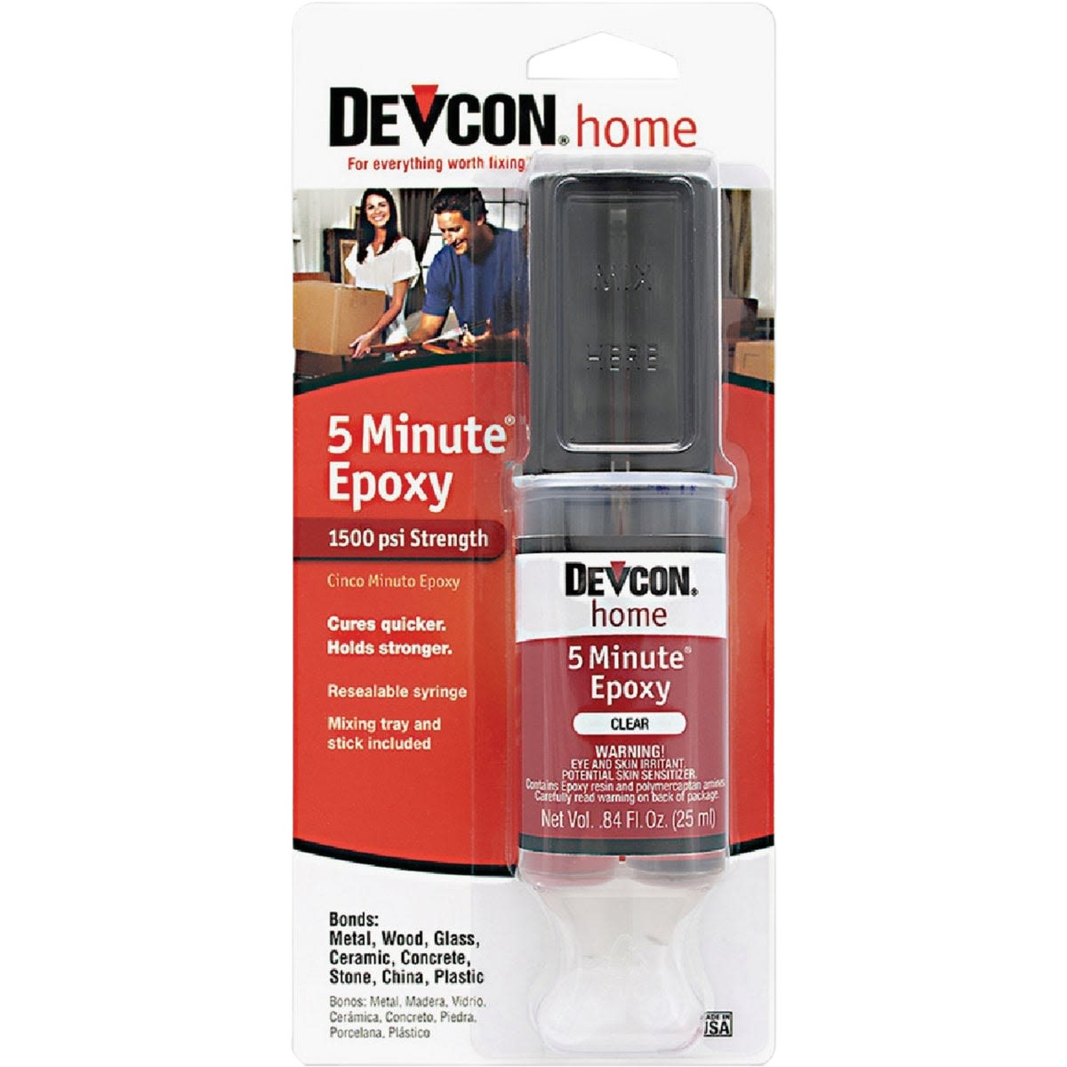 Resealable syringe of Devcon fast-setting clear epoxy for strong adhesion on metal, wood, glass, ceramic, and more