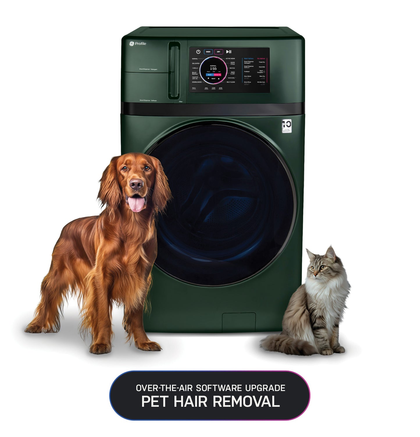 Dark green front load washer/dryer combo with digital touchscreen, shown with dog and cat for pet hair removal feature.