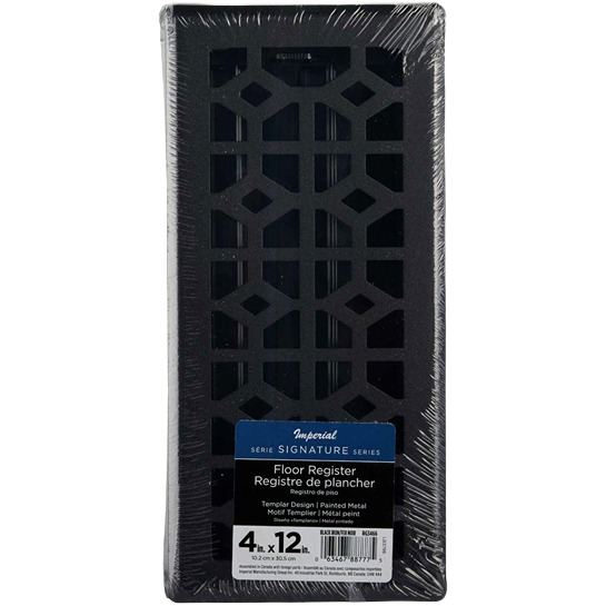 Black iron steel floor register with Templar pattern, painted metal, sized 4 by 12 inches for home improvement use