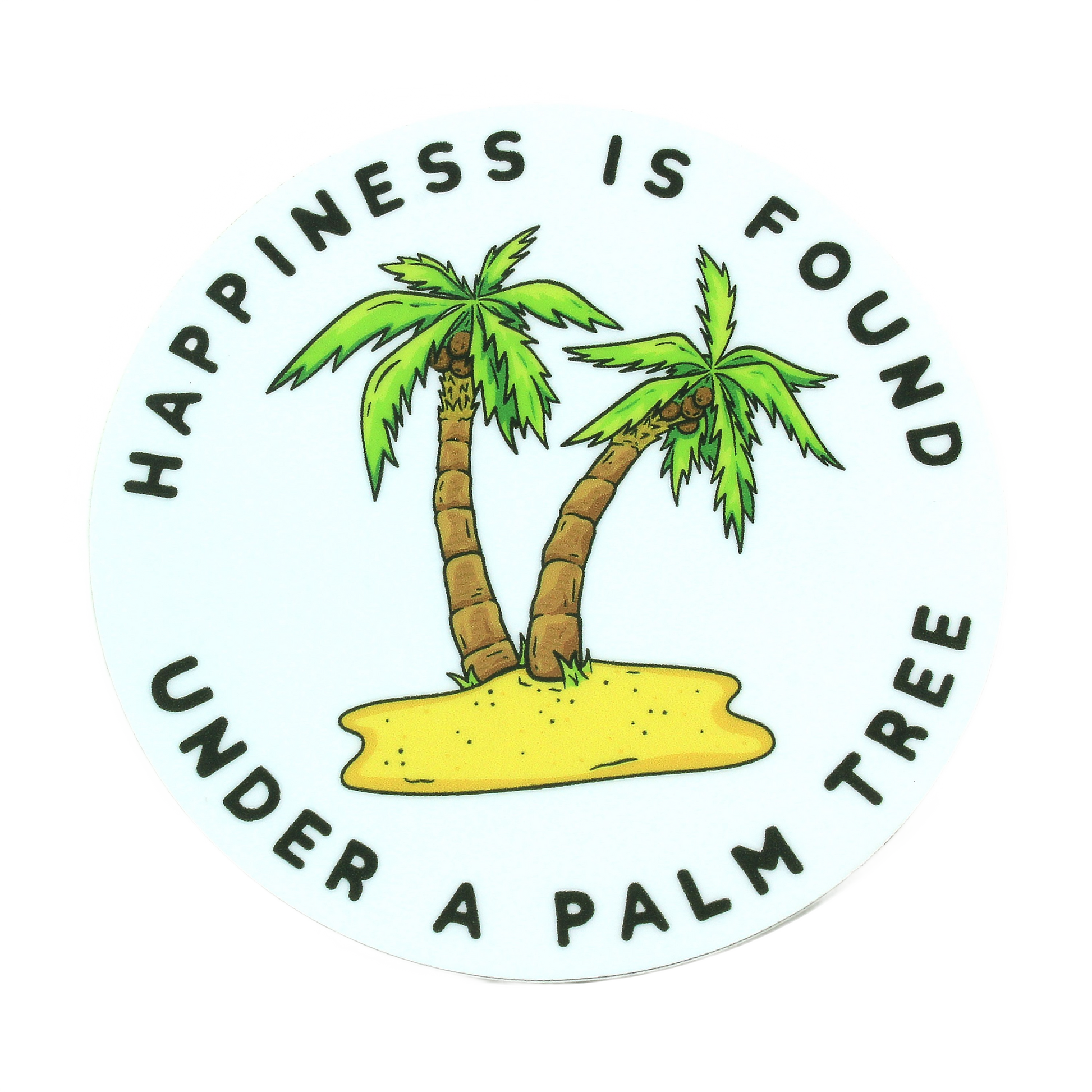 Illustration of two green palm trees on a small yellow island with motivational text in black letters for stickers use